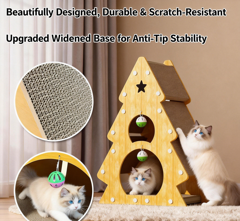 Christmas Tree Cat Tower Scratcher with Hanging Toys